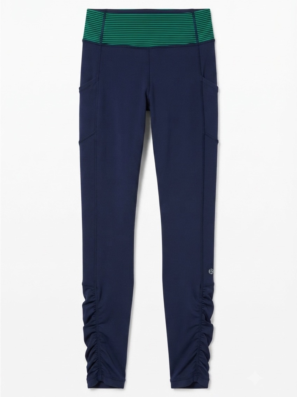 Lululemon Speed Tights Inkwell Navy Blue Green Stripe Ruched Ankle Leggings | 10